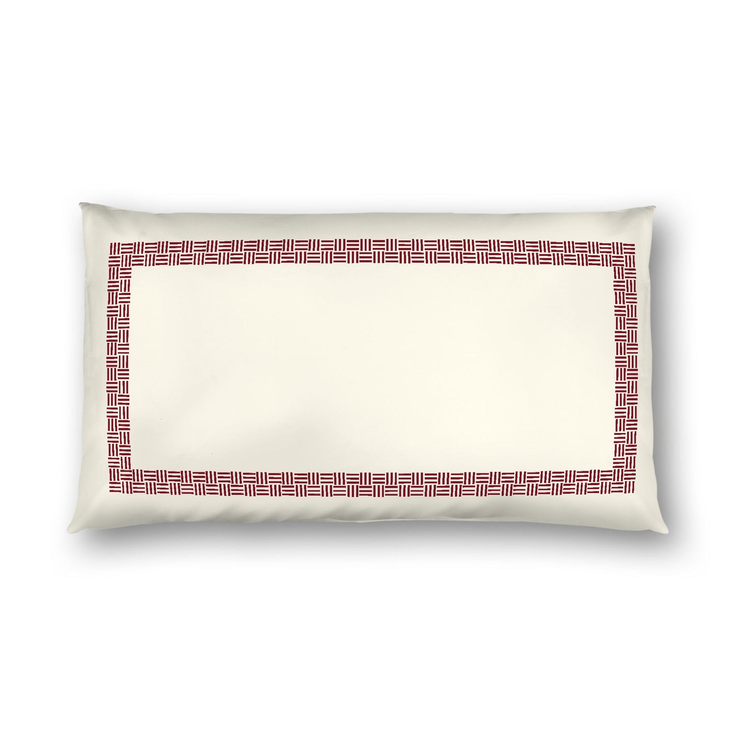 Pale Cream Cotton Sateen Pillow Sham, Burgundy Red Double Weave Motif Print, Classic Border, White Reverse Side, King - 20 x 36 inches