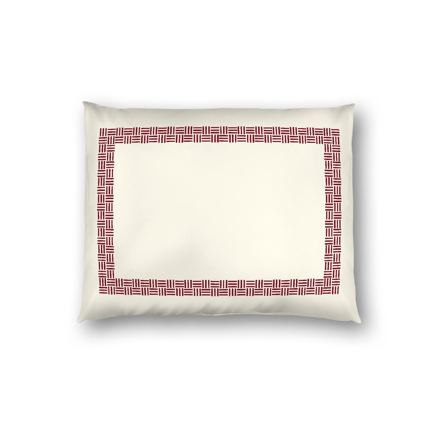 Pale Cream Cotton Sateen Pillow Sham, Burgundy Red Double Weave Motif Print, Classic Border, White Reverse Side, Standard - 20 x 26 inches
