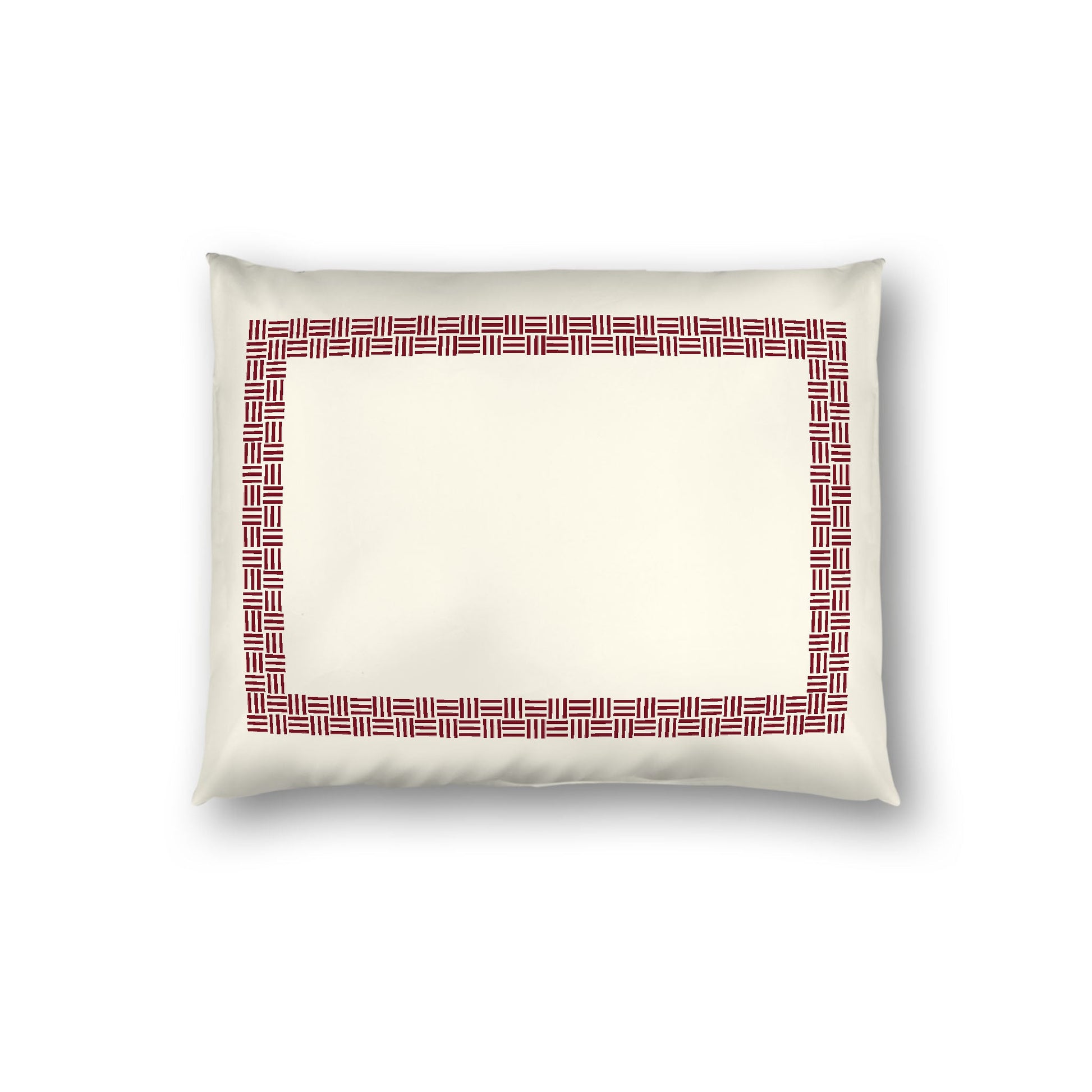 Pale Cream Cotton Sateen Pillow Sham, Burgundy Red Double Weave Motif Print, Classic Border, White Reverse Side, Standard - 20 x 26 inches