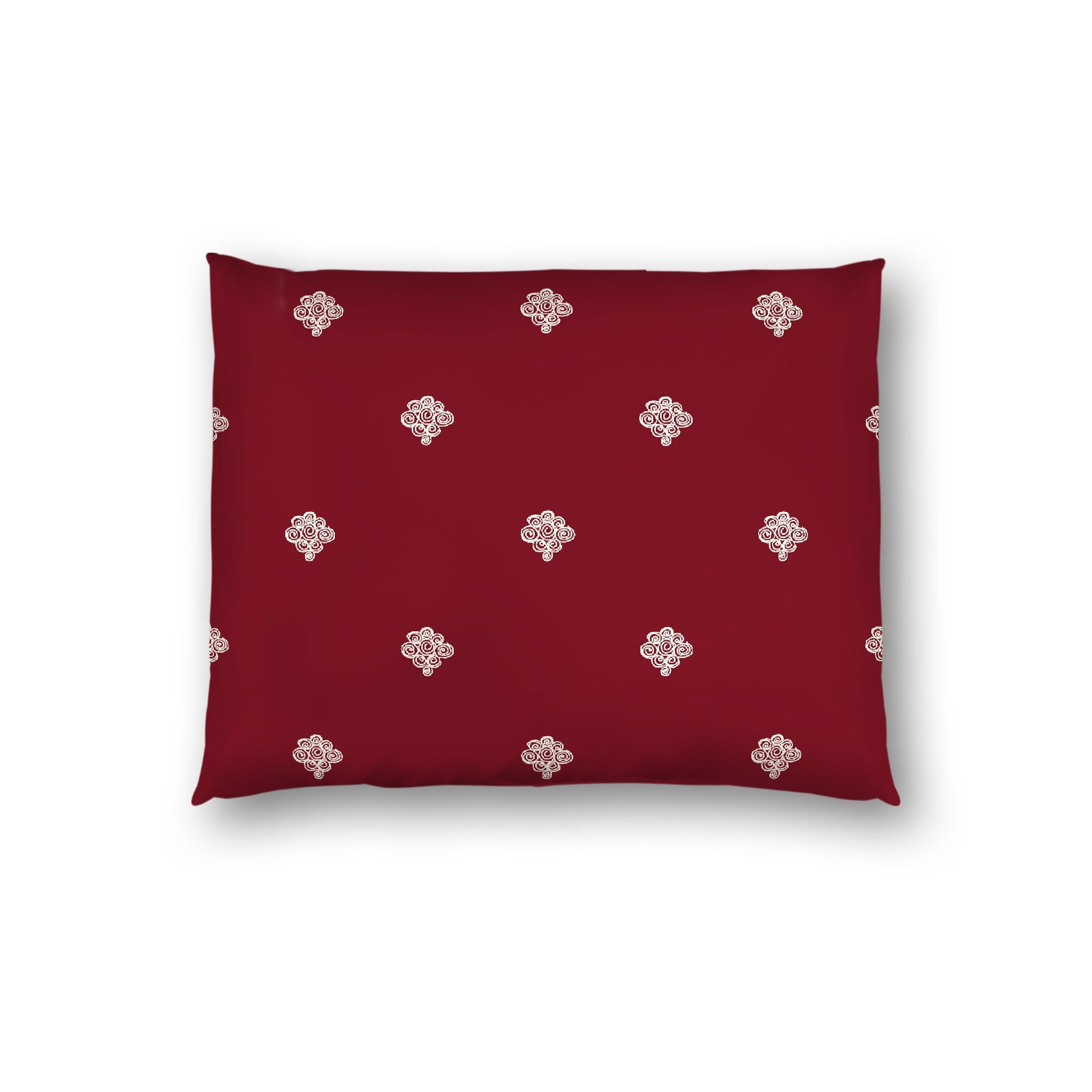 Burgundy Red Cotton Sateen Pillow Sham, Pale Cream Hand-painted Swizzle Motif Print, White Reverse Side, Standard - 20 x 26 inches