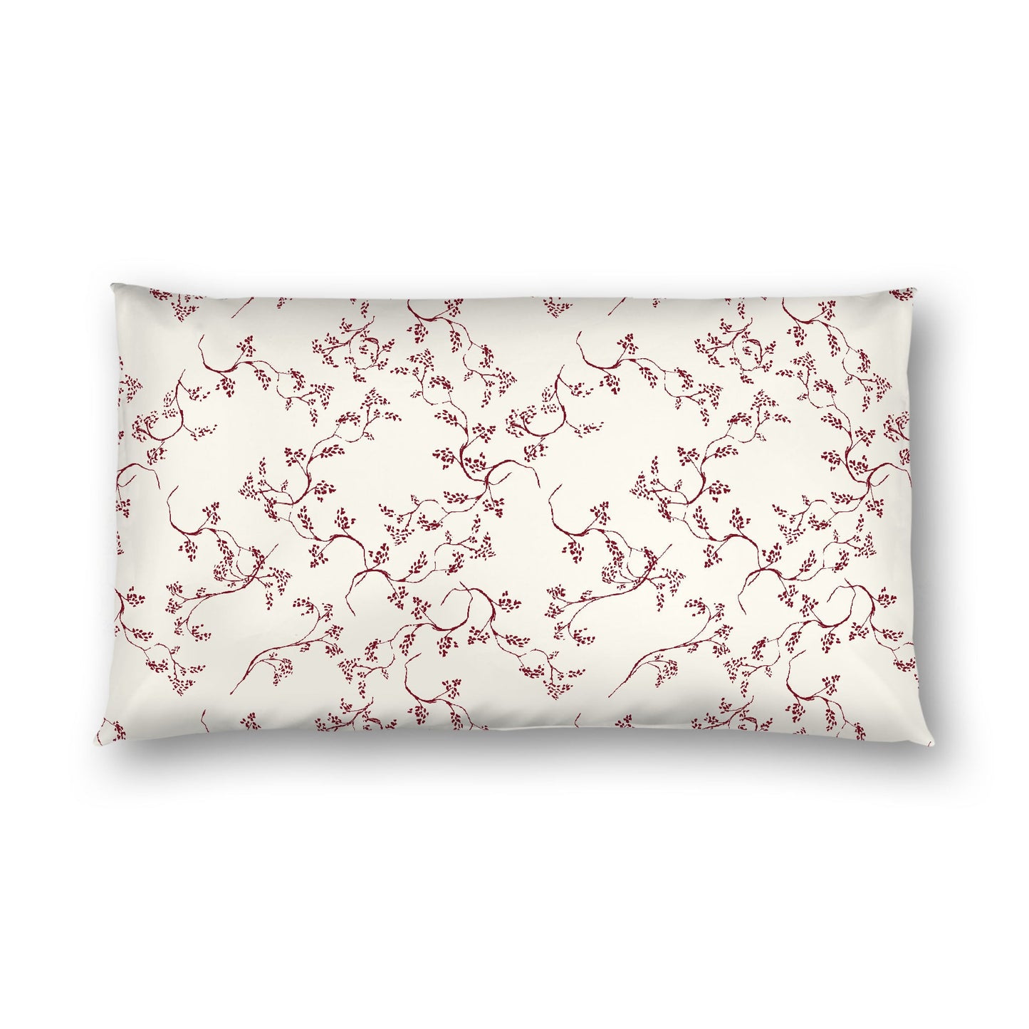 Pale Cream Cotton Sateen Pillow Sham, Burgundy Red Hand-painted Vine Print, White Reverse Side, King - 20 x 36 inches