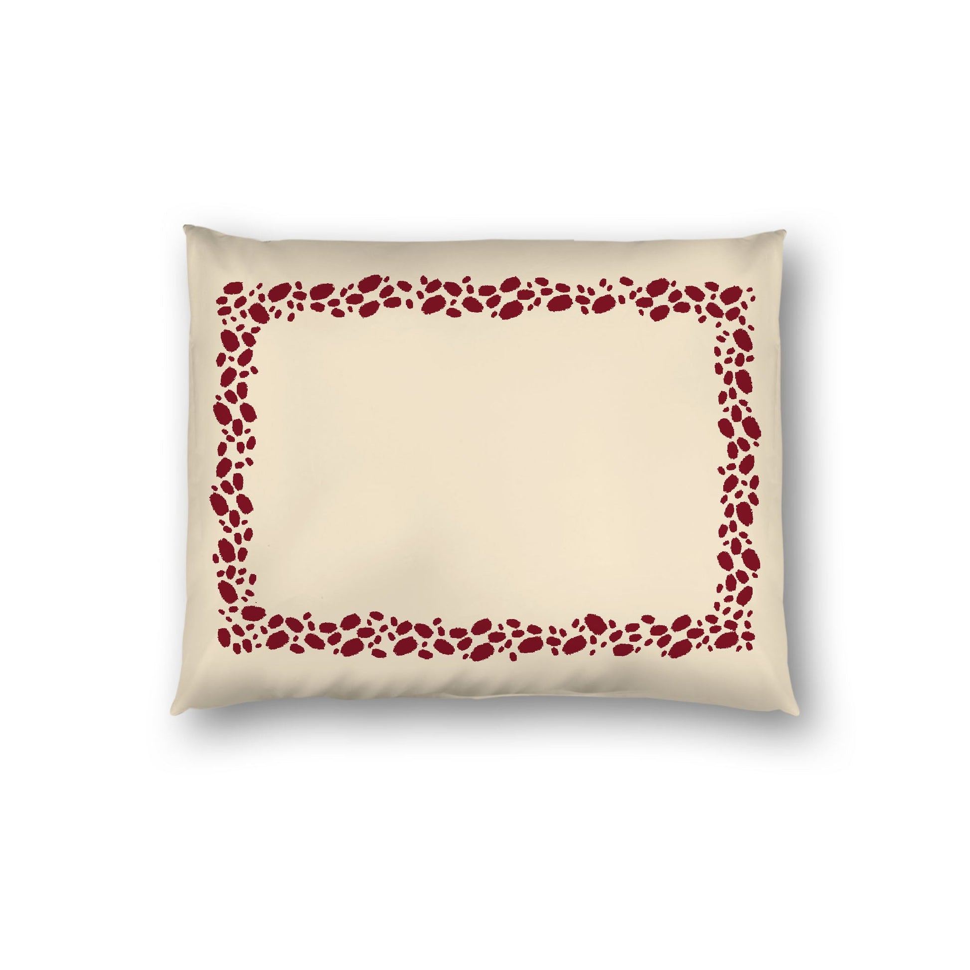 Beige Cotton Sateen Pillow Sham, Burgundy Red Hand-painted Dab Motif Print, Classic Border, White Reverse Side, Standard - 20 x 26 inches