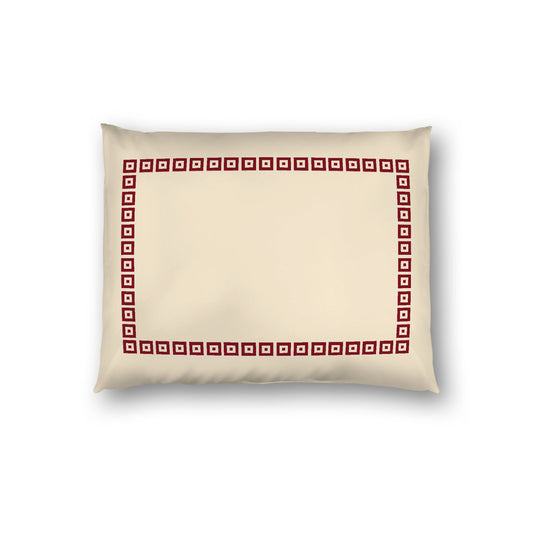 Beige Cotton Sateen Pillow Sham, Burgundy Red Repeating Square Motif Print, Classic Border, White Reverse Side, Standard - 20 x 26 inches