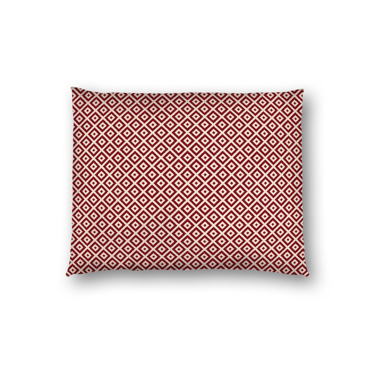 Beige Cotton Sateen Pillow Sham, Burgundy Red Repeating Square Motif Print, Beige Revese Side, Standard - 20 x 26 inches