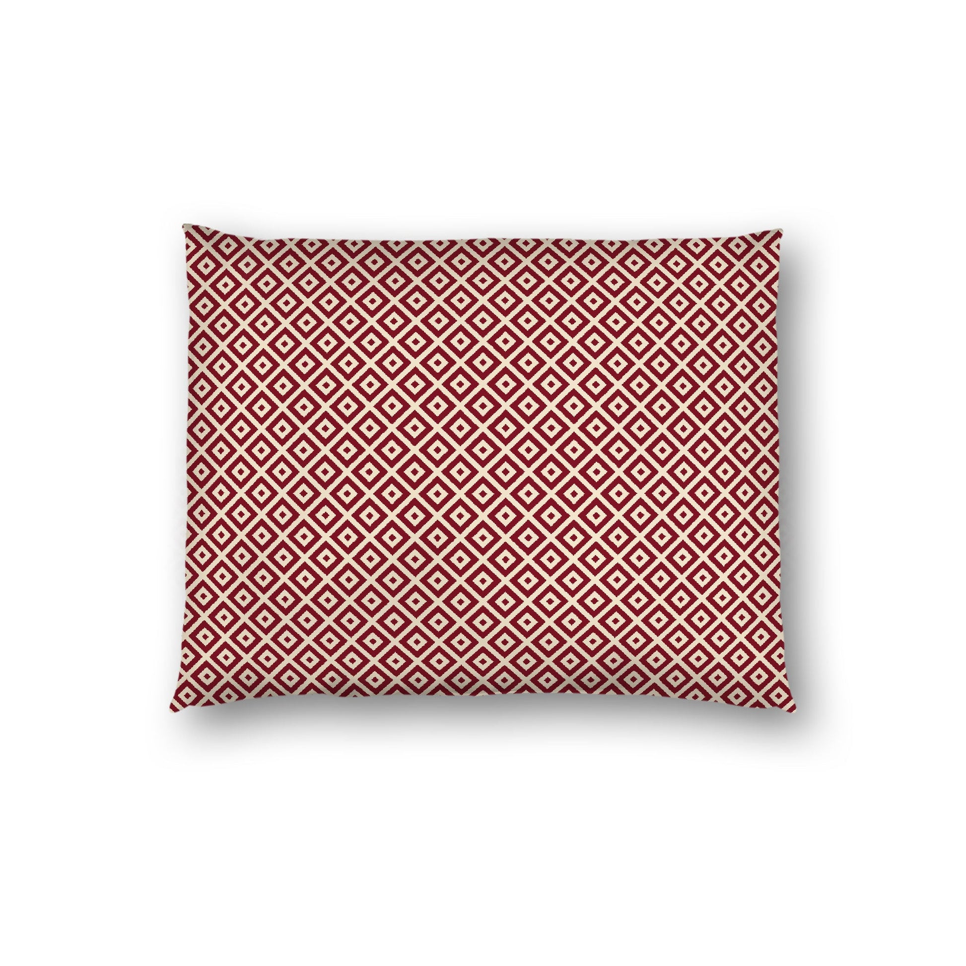 Beige Cotton Sateen Pillow Sham, Burgundy Red Repeating Square Motif Print, Beige Revese Side, Standard - 20 x 26 inches