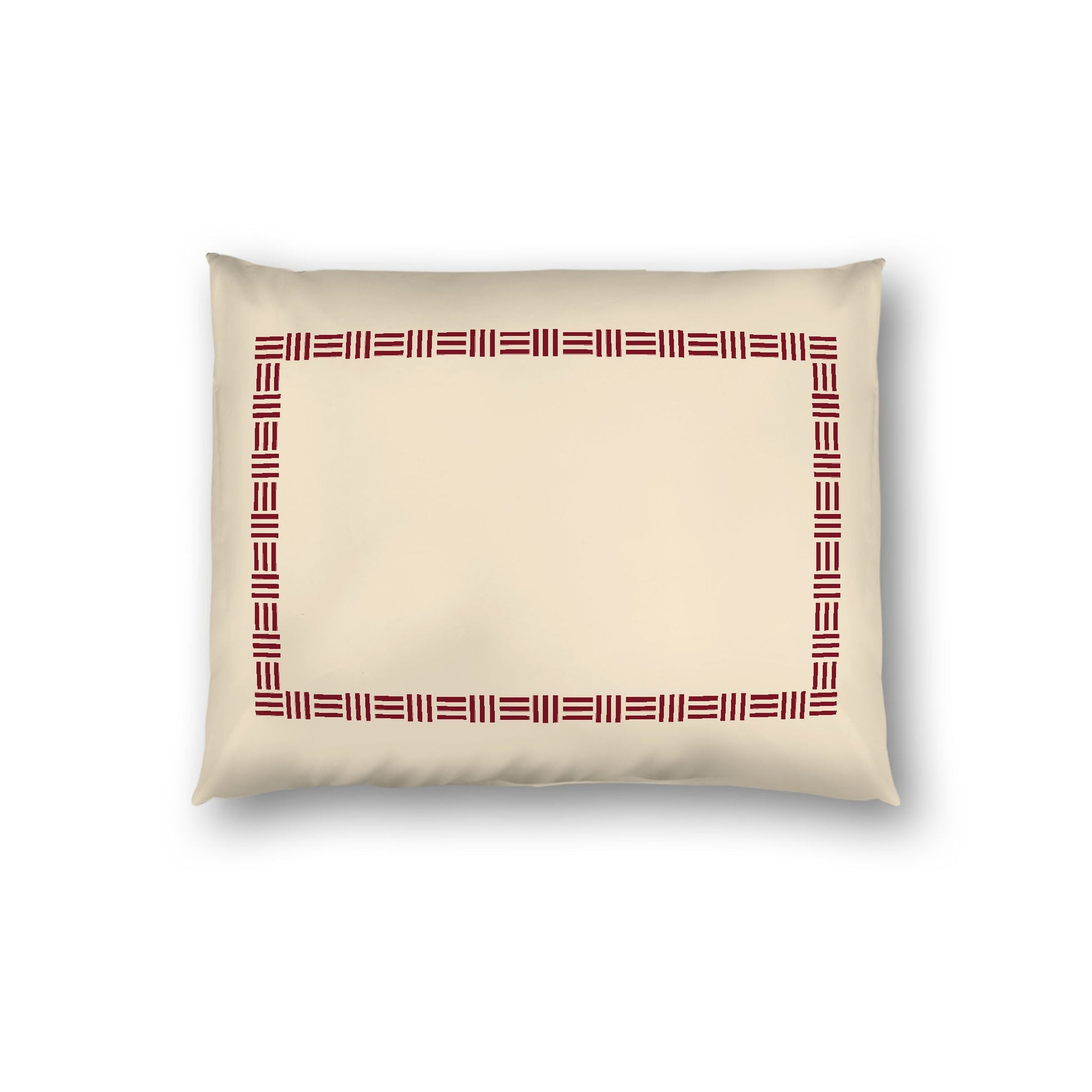Beige Cotton Sateen Pillow Sham, Burgundy Red Single Weave Motif Print, Classic Border, White Reverse Side, Standard - 20 x 26 inches