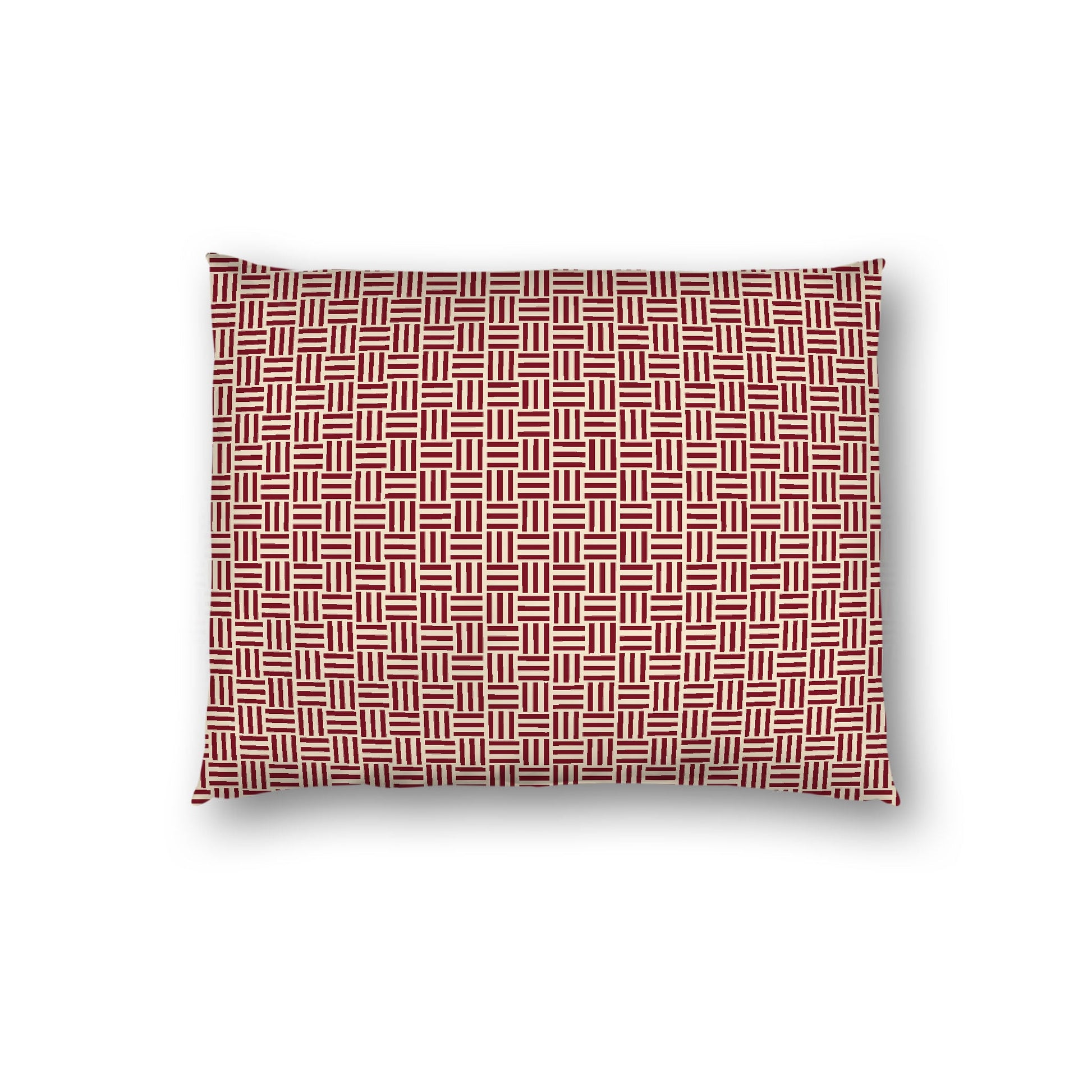 Beige Cotton Sateen Pillow Sham, Burgundy Red Single Weave Motif Print, White Reverse Side, Standard - 20 x 26 inches