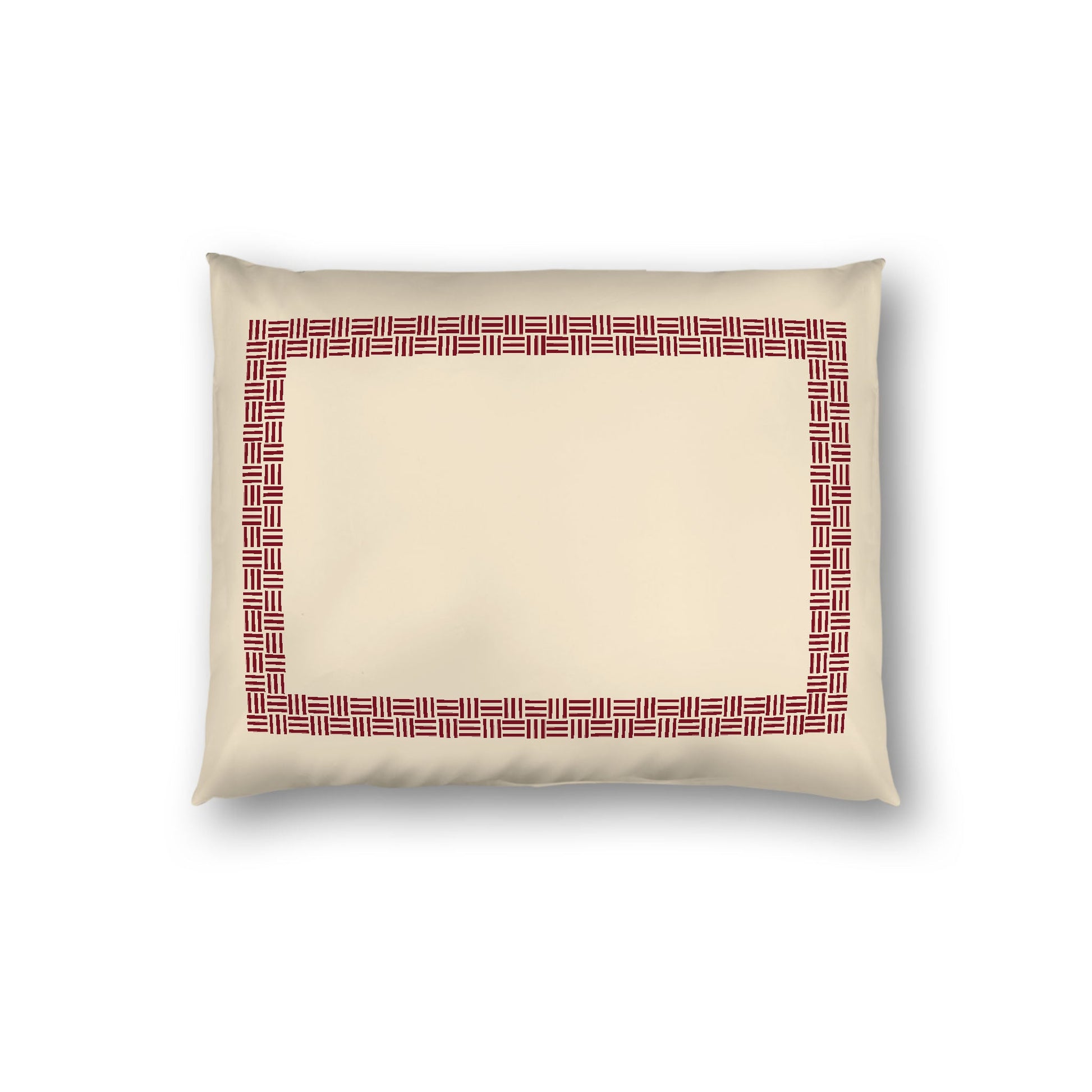 Beige Cotton Sateen Pillow Sham, Burgundy Red Double Weave Motif Print, Classic Border, White Reverse Side, Standard - 20 x 26 inches