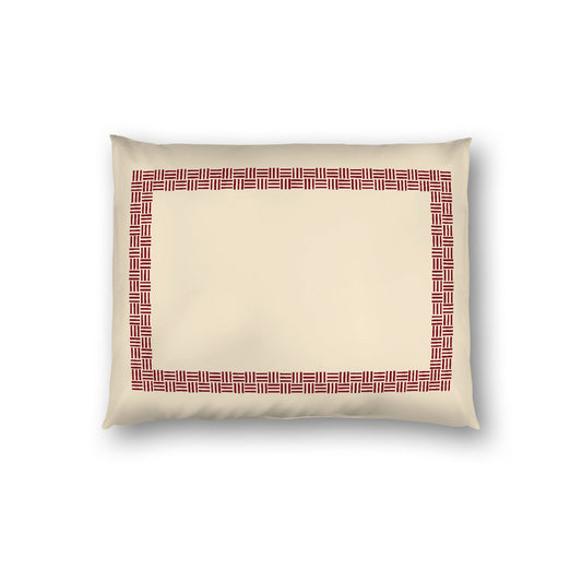 Beige Cotton Sateen Pillow Sham, Burgundy Red Double Weave Motif Print, Classic Border, White Reverse Side, Standard - 20 x 26 inches