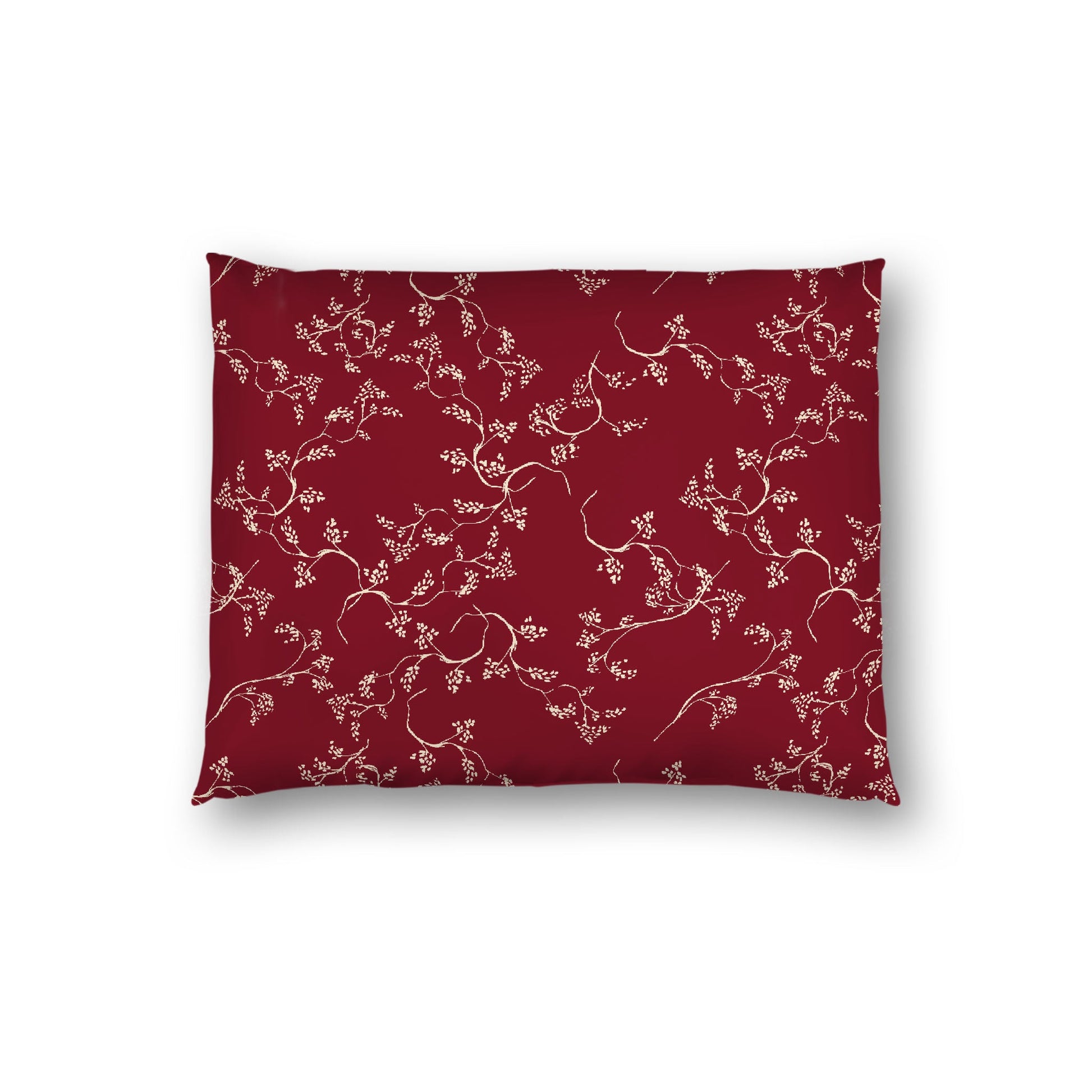 Burgundy Red Cotton Sateen Pillow Sham, Beige Vine Print on Front, White Reverse Side, Standard - 20 x 26 inches