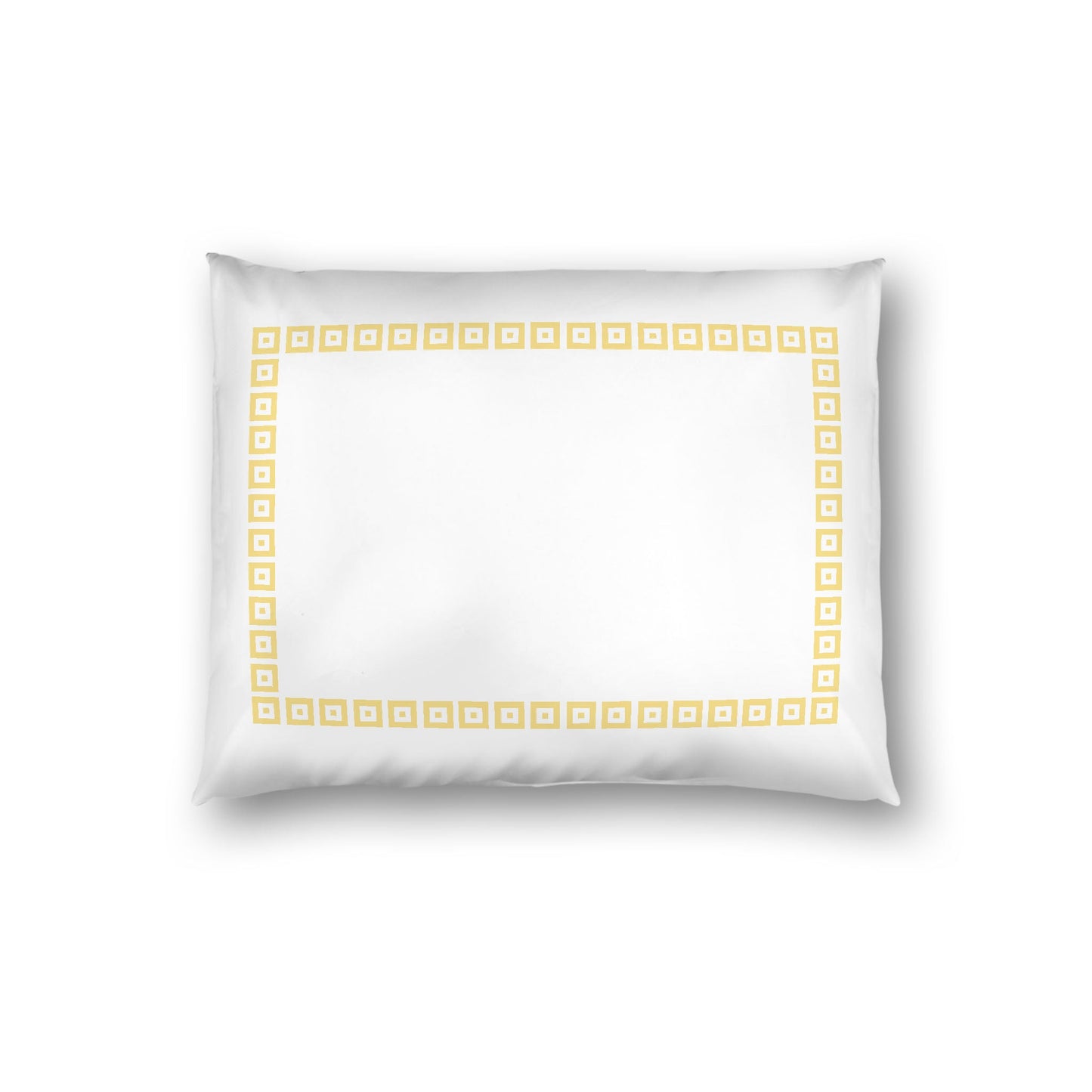 Off-white Cotton Sateen Pillow Sham, Yellow Repeating Square Motif Print, Classic Border, White Reverse Side, Standard - 20 x 26 inches