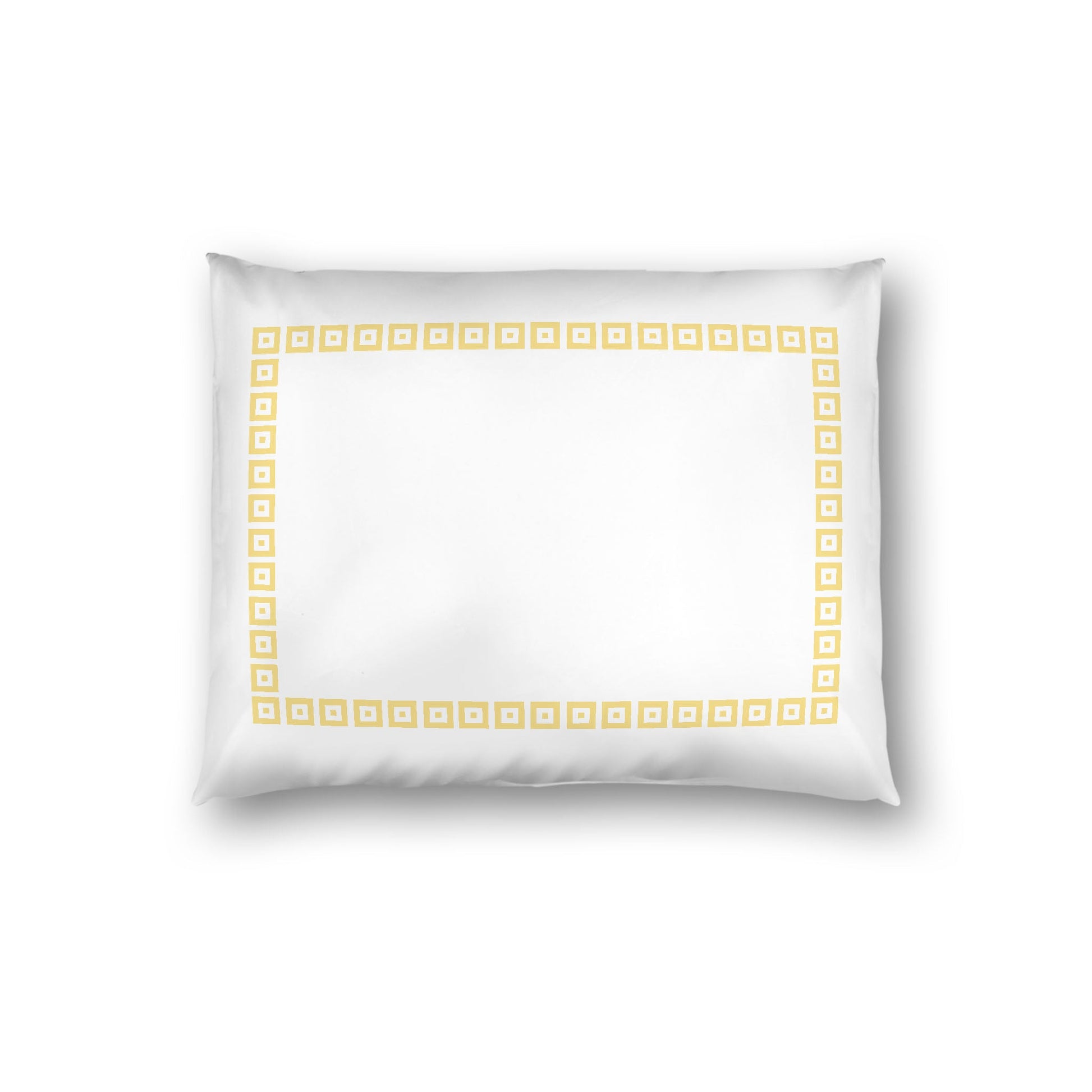 Off-white Cotton Sateen Pillow Sham, Yellow Repeating Square Motif Print, Classic Border, White Reverse Side, Standard - 20 x 26 inches