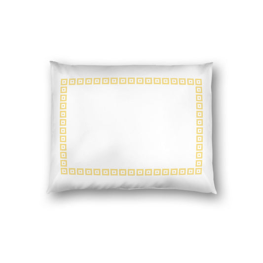 Off-white Cotton Sateen Pillow Sham, Yellow Repeating Square Motif Print, Classic Border, White Reverse Side, Standard - 20 x 26 inches