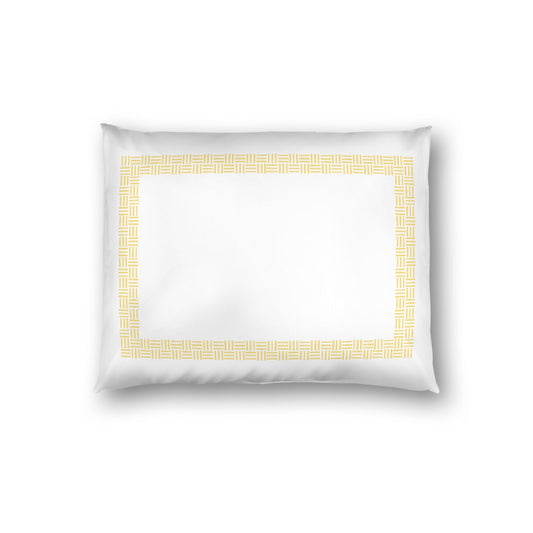 Off-white Cotton Sateen Pillow Sham, Yellow Double Weave Motif Print, Classic Border, White Reverse Side, Standard - 20 x 26 inches