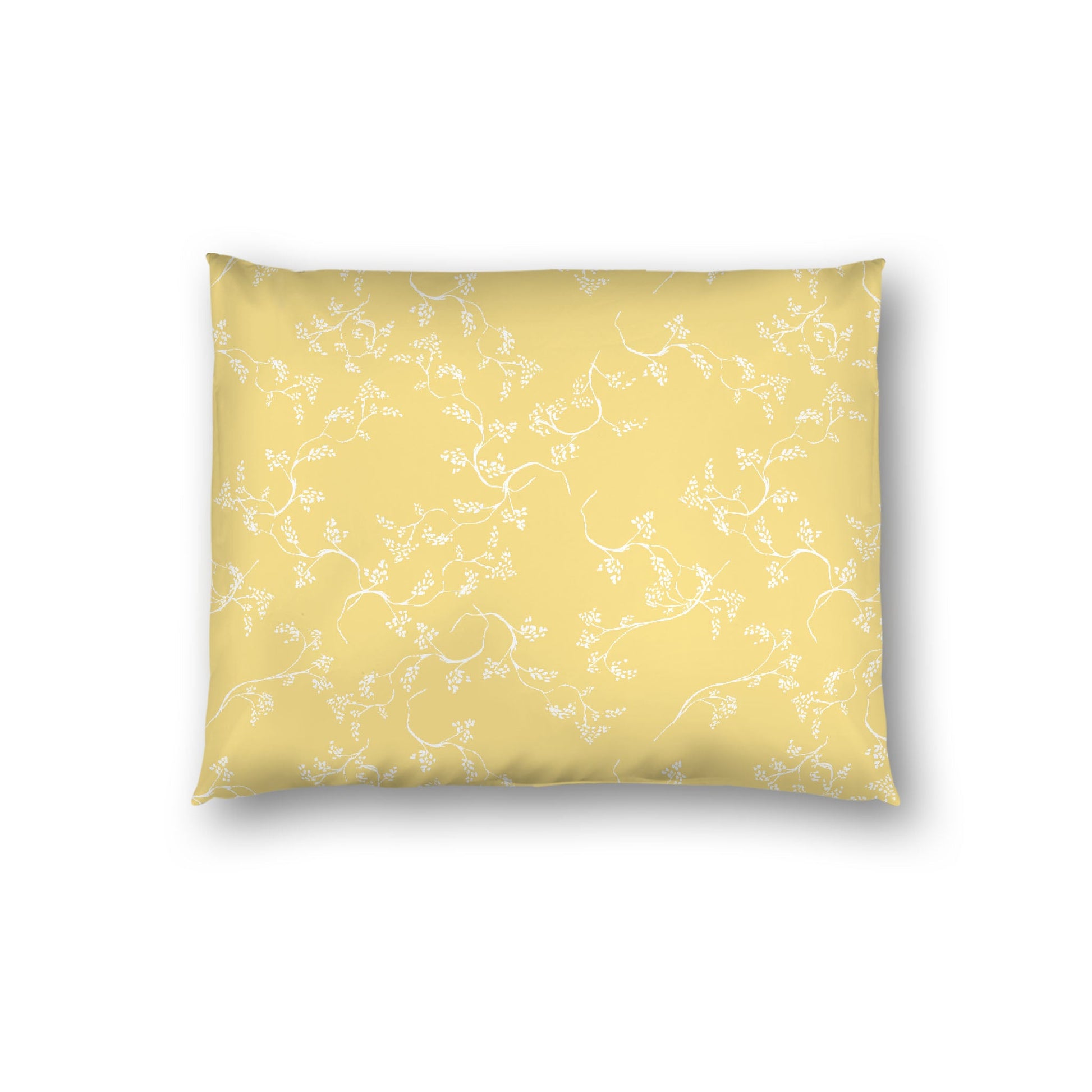 Off-white Cotton Sateen Pillow Sham, Yellow Hand-painted Vine Print, White Reverse Side, Standard - 20 x 26 inches