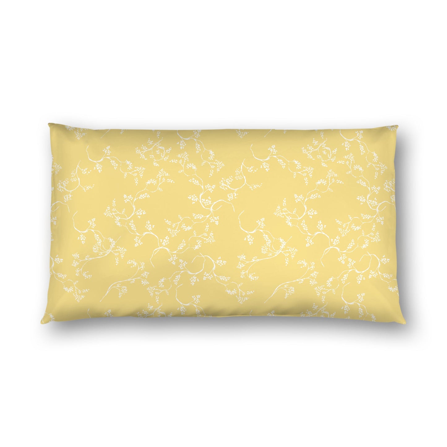 Yellow Cotton Sateen Pillow Sham, Off-white Vine Print on Front, White Reverse Side, King - 20 x 36 inches