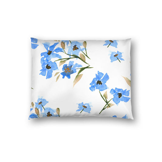 Off-White Cotton Sateen Pillow Sham, Large Blue Floral Print, Standard - 20 x 26 inches