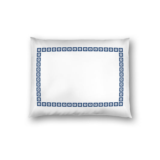Off-white Cotton Sateen Pillow Sham, Royal Blue Repeating Square Motif Print, Classic Border, White Reverse Side | CSSH-1291-121, Standard - 51 x 66 cm / 20 x 26 inches