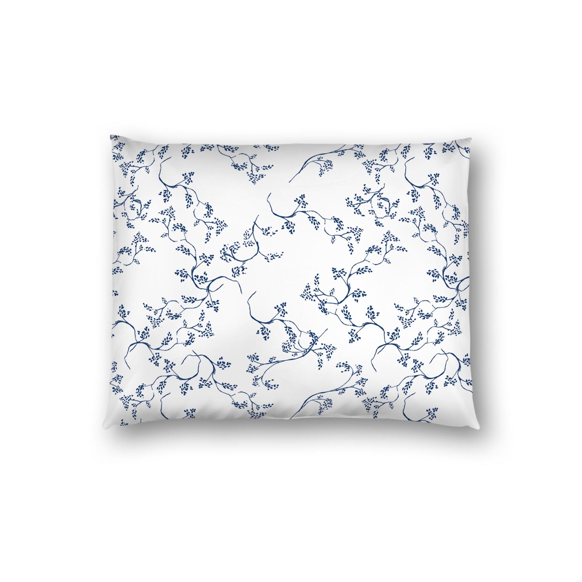 Off-white Cotton Sateen Pillow Sham, Royal Blue Hand-painted Vine Print, White Reverse Side | CSSH-1291-181, Standard - 51 x 66 cm / 20 x 26 inches