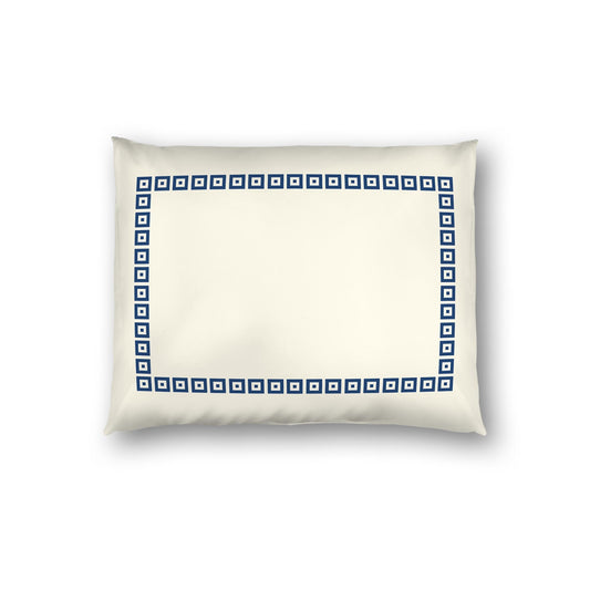 Pale Cream Cotton Sateen Pillow Sham, Royal Blue Repeating Square Motif Print, Classic Border, White Reverse Side | CSSH-1293-121, Standard - 51 x 66 cm / 20 x 26 inches