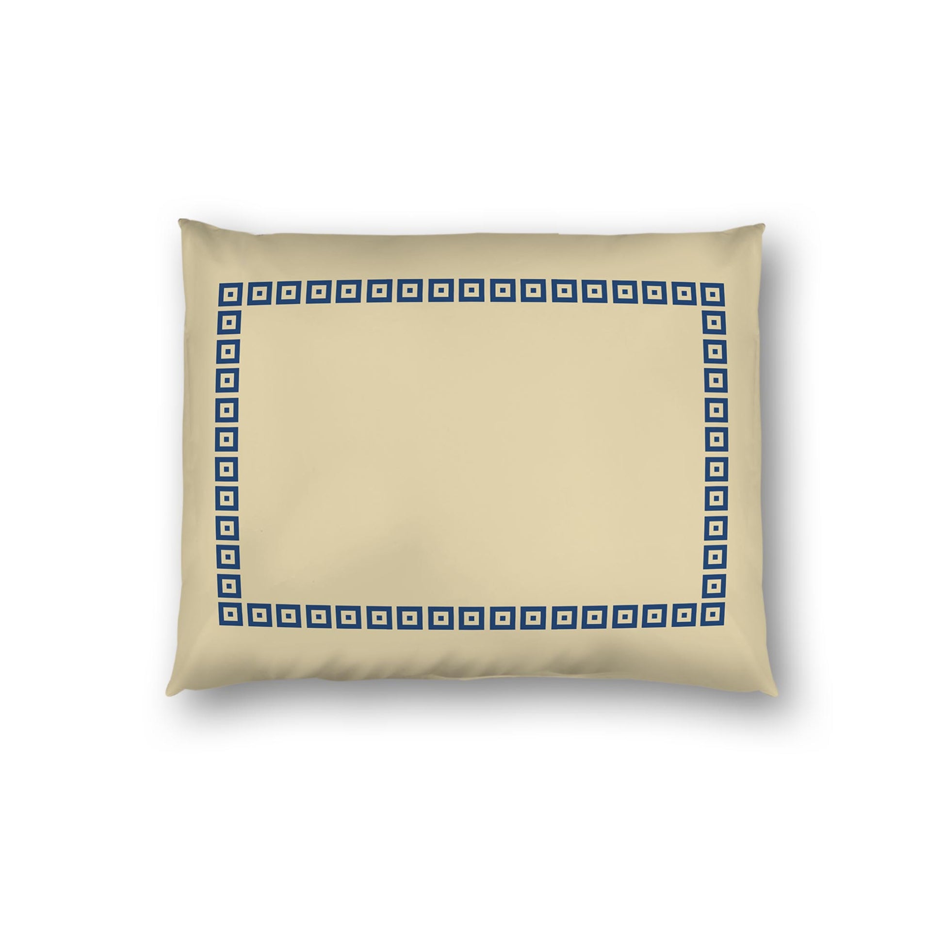 Tan Cotton Sateen Pillow Sham, Royal Blue Repeating Square Motif Print, Classic Border, White Reverse Side | CSSH-1294-121, Standard - 51 x 66 cm / 20 x 26 inches