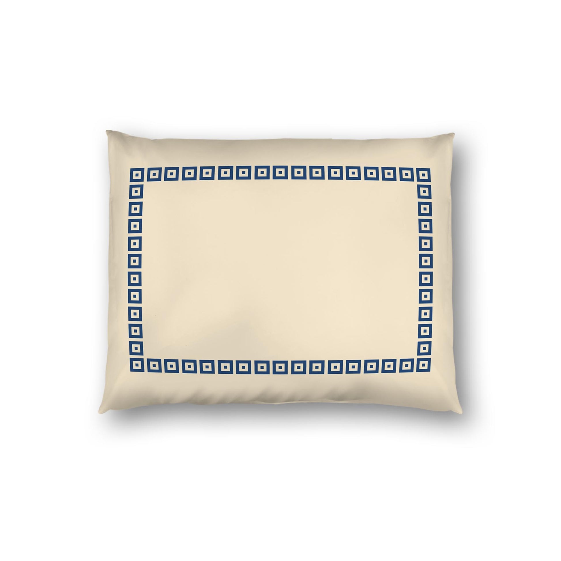 Beige Cotton Sateen Pillow Sham, Royal Blue Repeating Square Motif Print, Classic Border, White Reverse Side | CSSH-1295-121, Standard - 51 x 66 cm / 20 x 26 inches