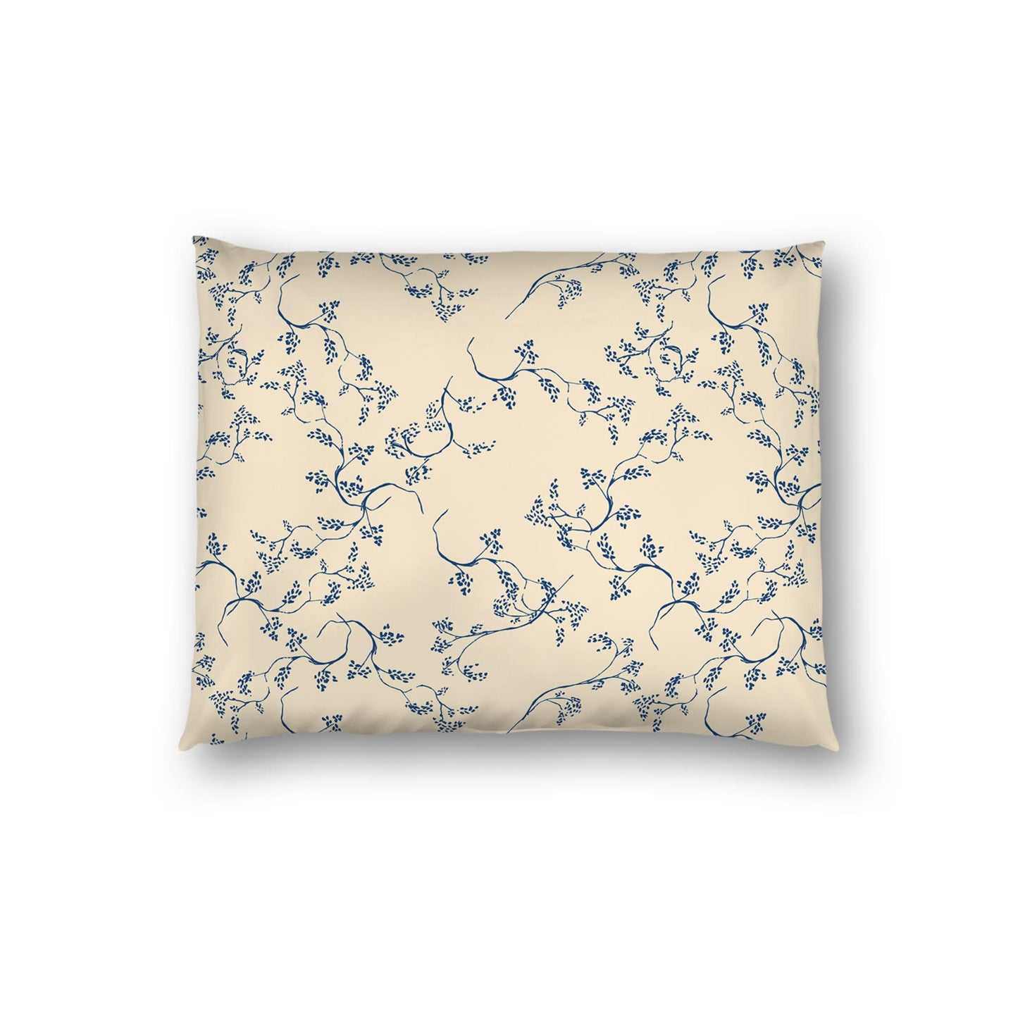 Beige Cotton Sateen Pillow Sham, Royal Blue Hand-painted Vine Print, White Reverse Side | CSSH-1295-181, Standard - 51 x 66 cm / 20 x 26 inches