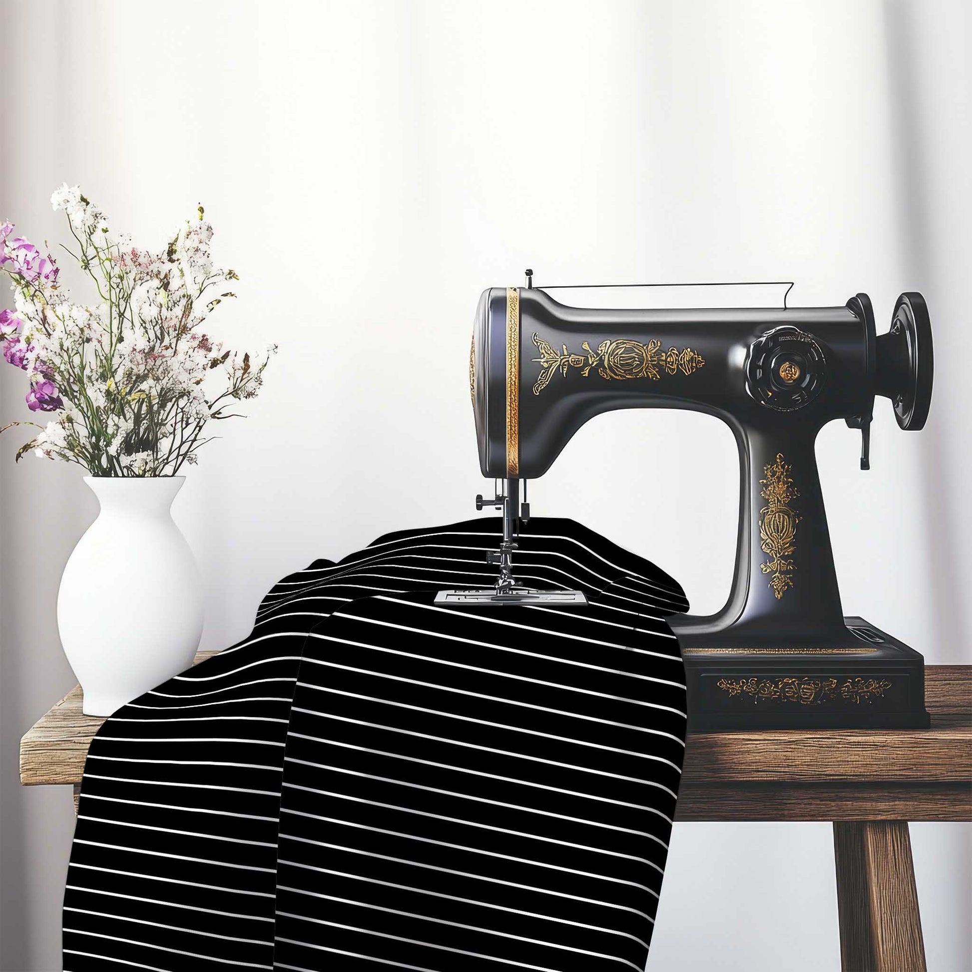 Black Cotton Canvas Fabric with Fine Off-White Stripes, FACC-1010-152