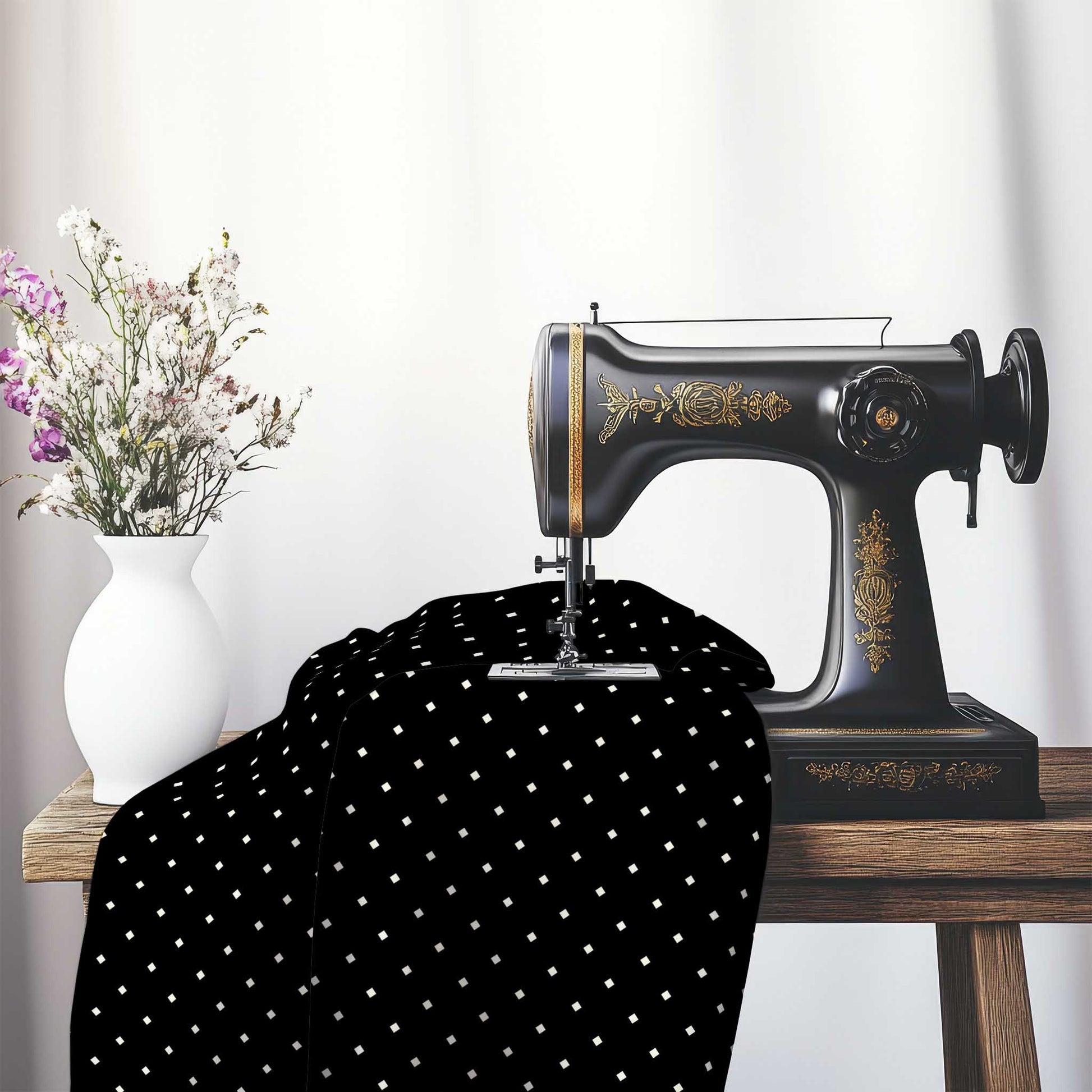 Cotton Canvas Fabric with Pale Cream Diamonds on Black, FACC-1013-102