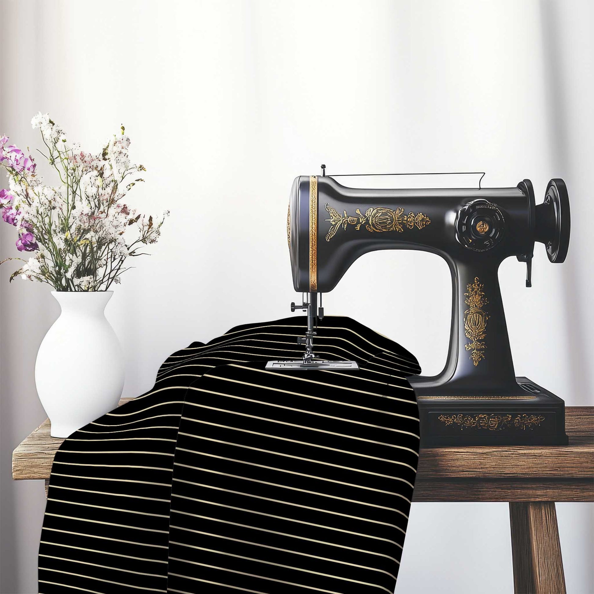 Cotton Canvas Fabric with Fine Tan Stripes on Black, FACC-1014-152