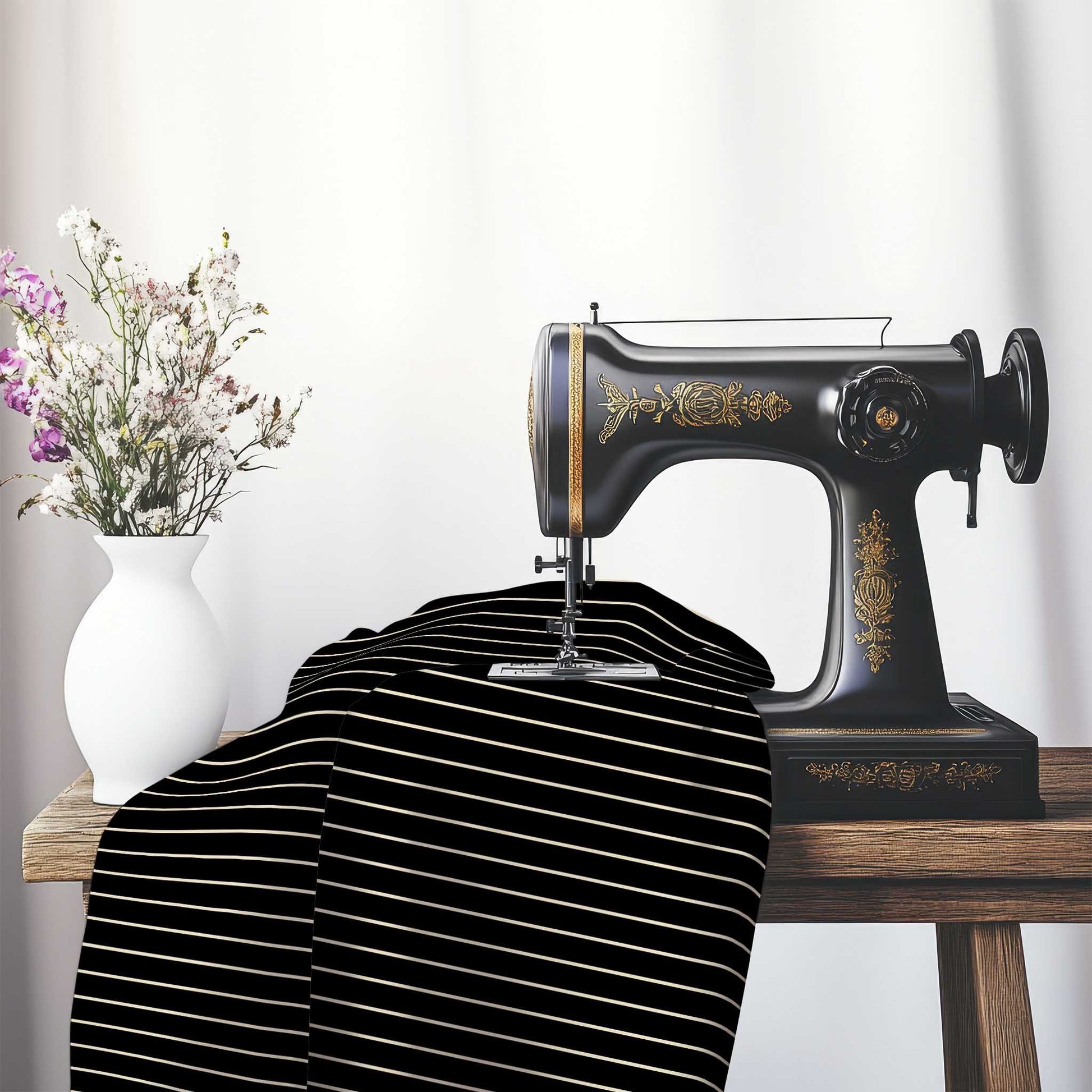 Cotton Canvas Fabric with Fine Beige Stripes on Black, FACC-1015-152