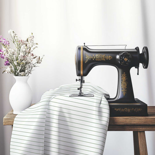Off-White Cotton Canvas Fabric with Fine Green Stripes, FACC-1052-151