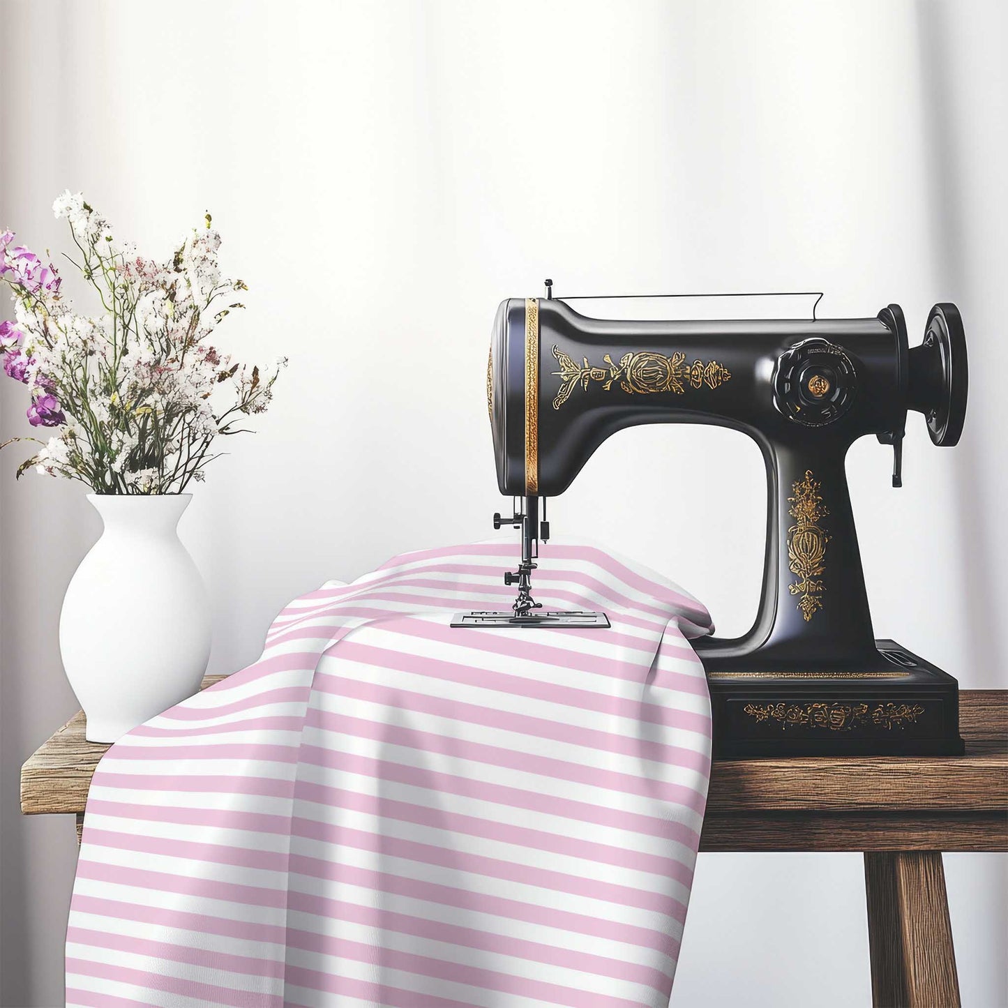 Off-White Cotton Canvas Fabric with Pink Bars, FACC-1081-051