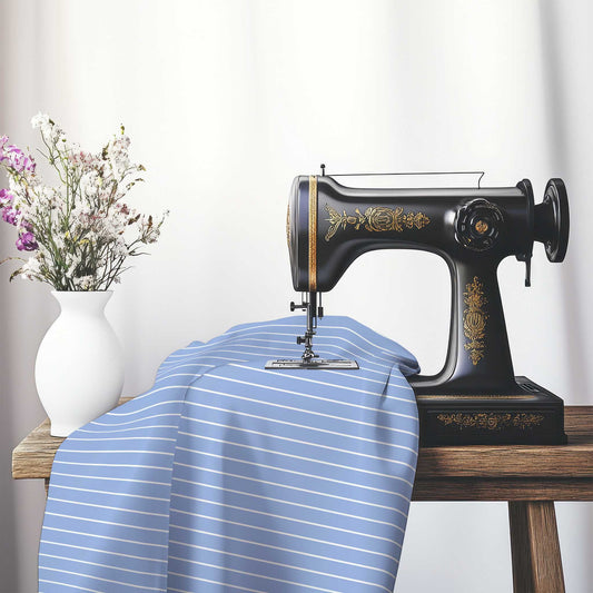 Cotton Canvas Fabric with Fine Off-White Stripes on Blue, FACC-1231-152