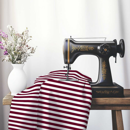 Off-White Cotton Canvas Fabric with Burgundy Red Bars, FACC-1281-051
