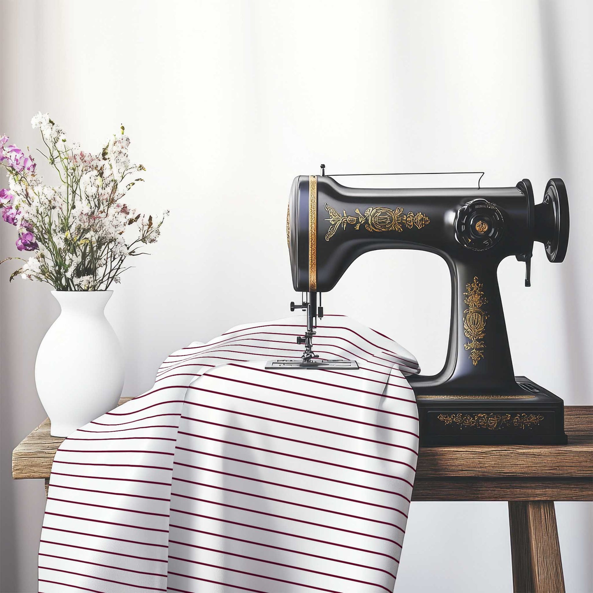 Off-White Cotton Canvas Fabric with Fine Burgundy Red Stripes, FACC-1281-151