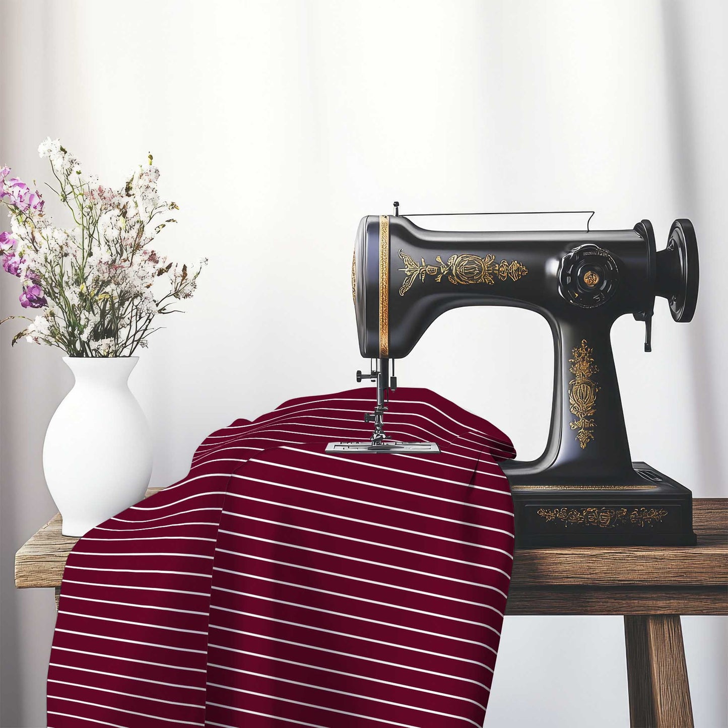 Cotton Canvas Fabric with Fine Off-White Stripes on Burgundy Red, FACC-1281-152