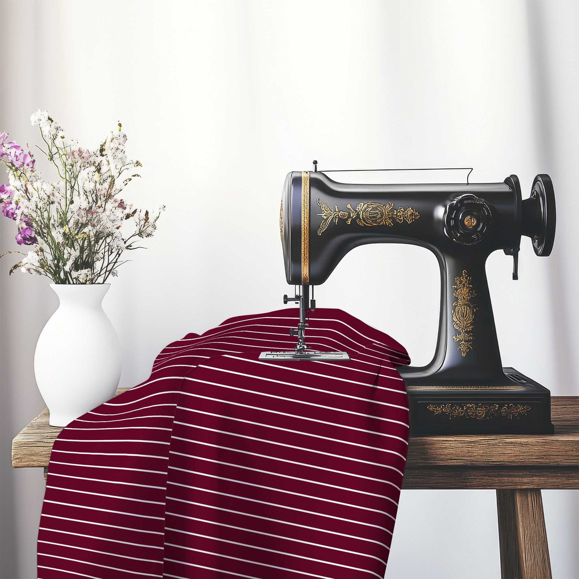 Cotton Canvas Fabric with Fine Off-White Stripes on Burgundy Red, FACC-1281-152