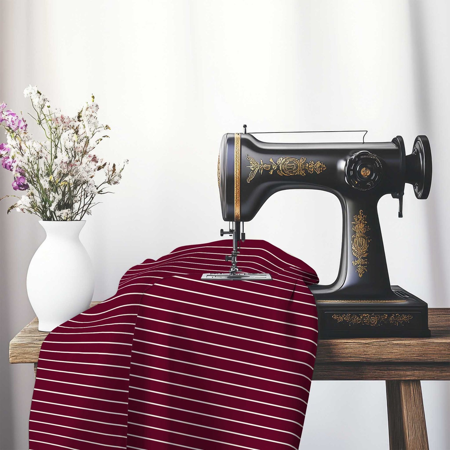 Cotton Canvas Fabric with Fine Pale Cream Stripes on Burgundy Red, FACC-1283-152