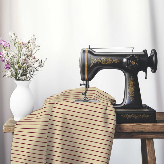 Cotton Canvas Fabric with Fine Burgundy Red Stripes on Tan, FACC-1284-151