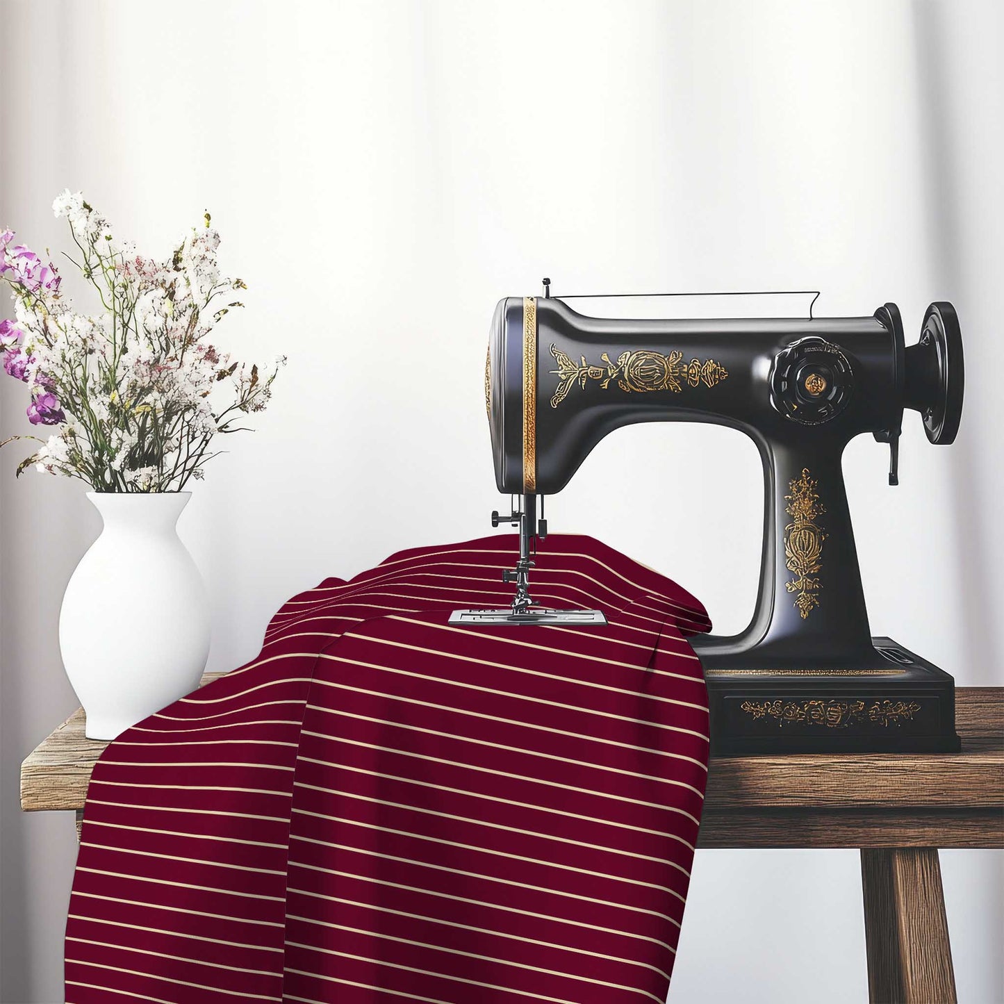 Cotton Canvas Fabric with Fine Tan Stripes on Burgundy Red, FACC-1284-152