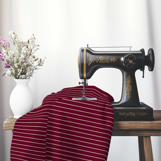 Cotton Canvas Fabric with Fine Tan Stripes on Burgundy Red, FACC-1284-152