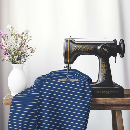 Cotton Canvas Fabric with Fine Beige Stripes on Royal Blue, FACC-1295-152