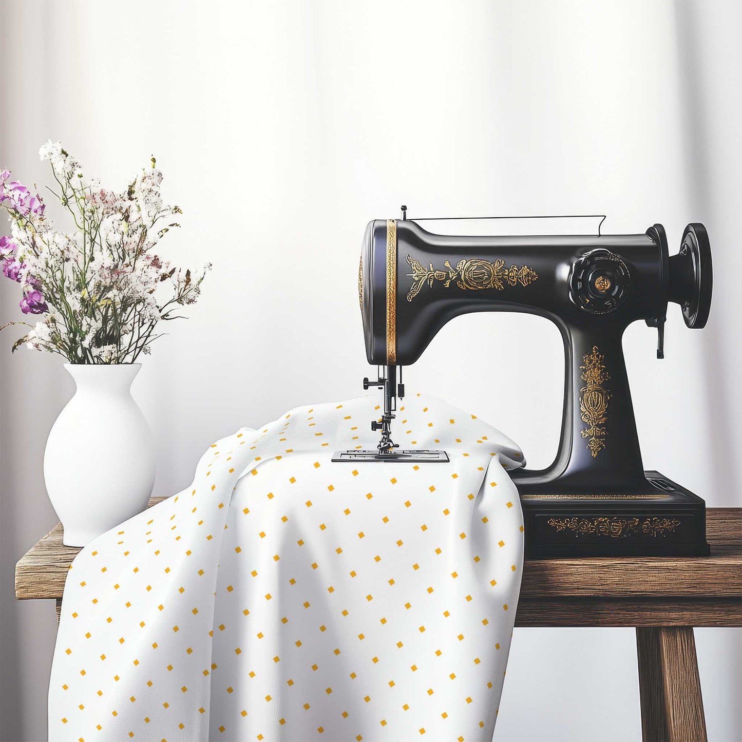 Off-White Cotton Canvas Fabric with Yellow-Orange Diamonds, FACC-1310-101