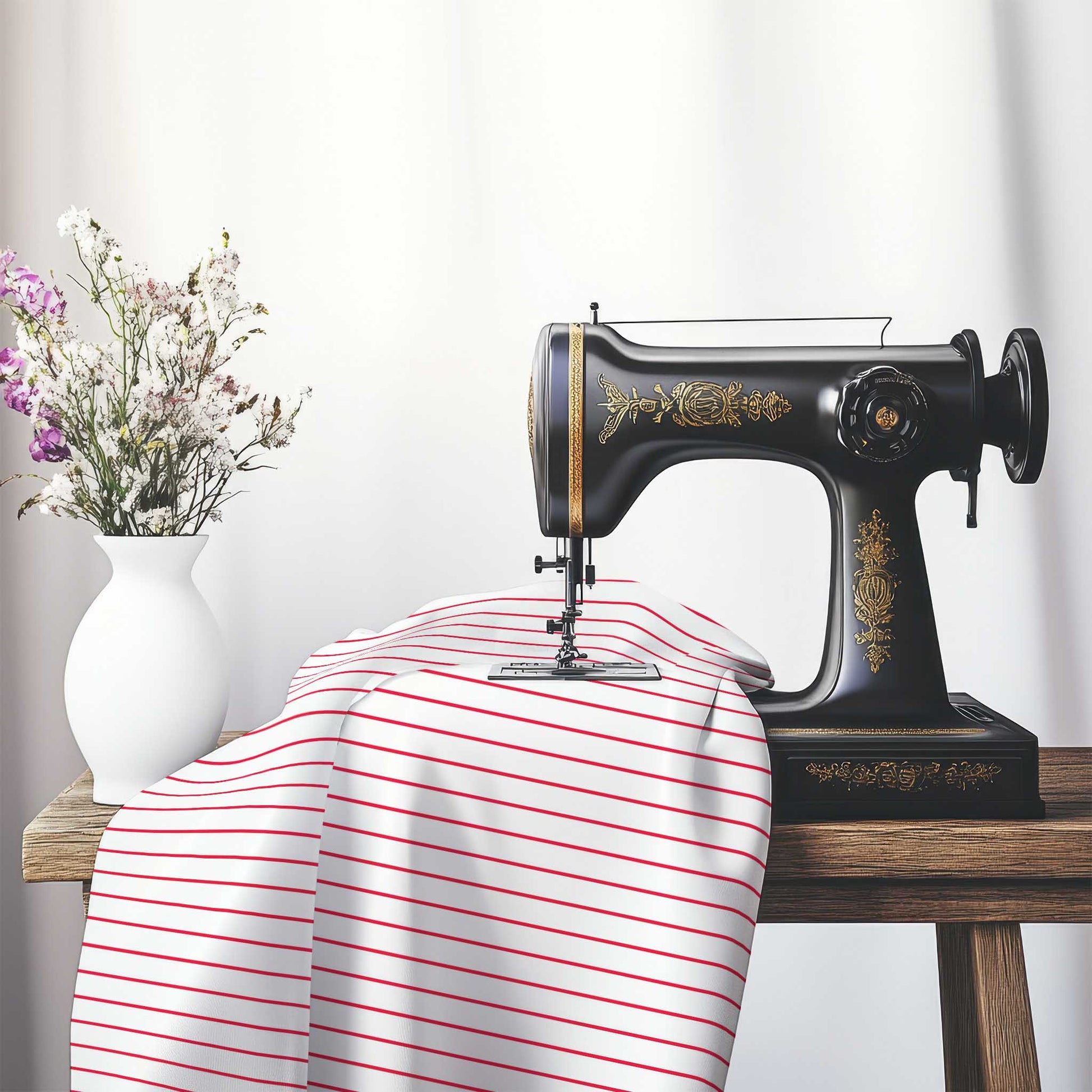 Off-White Cotton Canvas Fabric with Fine Red Stripes, FACC-1330-151