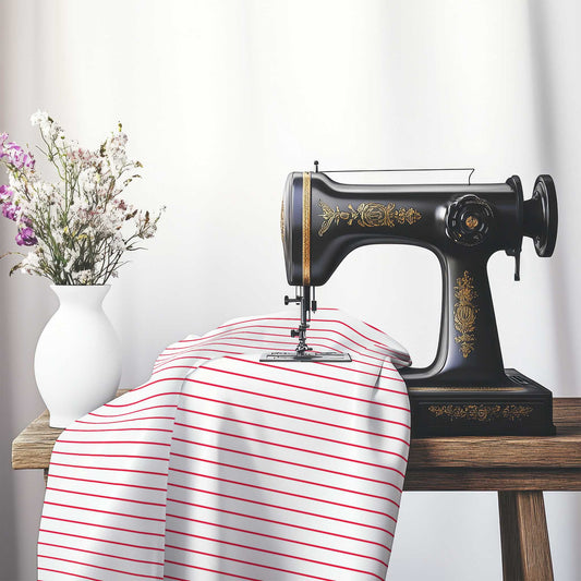 Off-White Cotton Canvas Fabric with Fine Red Stripes, FACC-1330-151