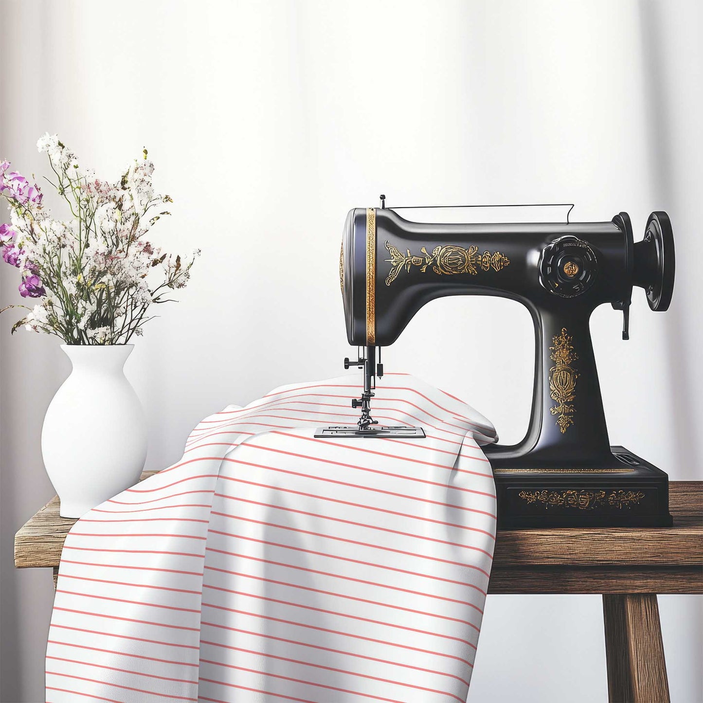 Off-White Cotton Canvas Fabric with Fine Pink Stripes, FACC-1340-151