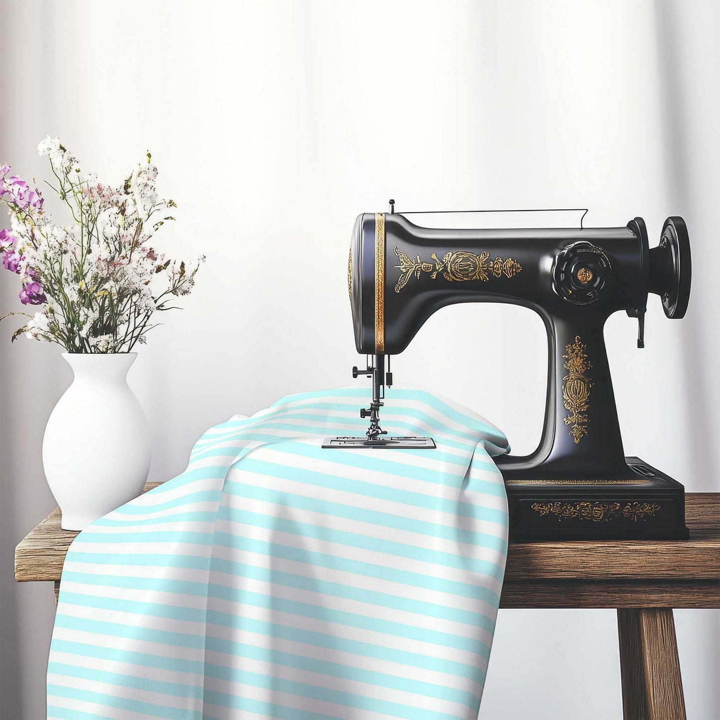 Off-White Cotton Canvas Fabric with Blue Bars, FACC-1370-051