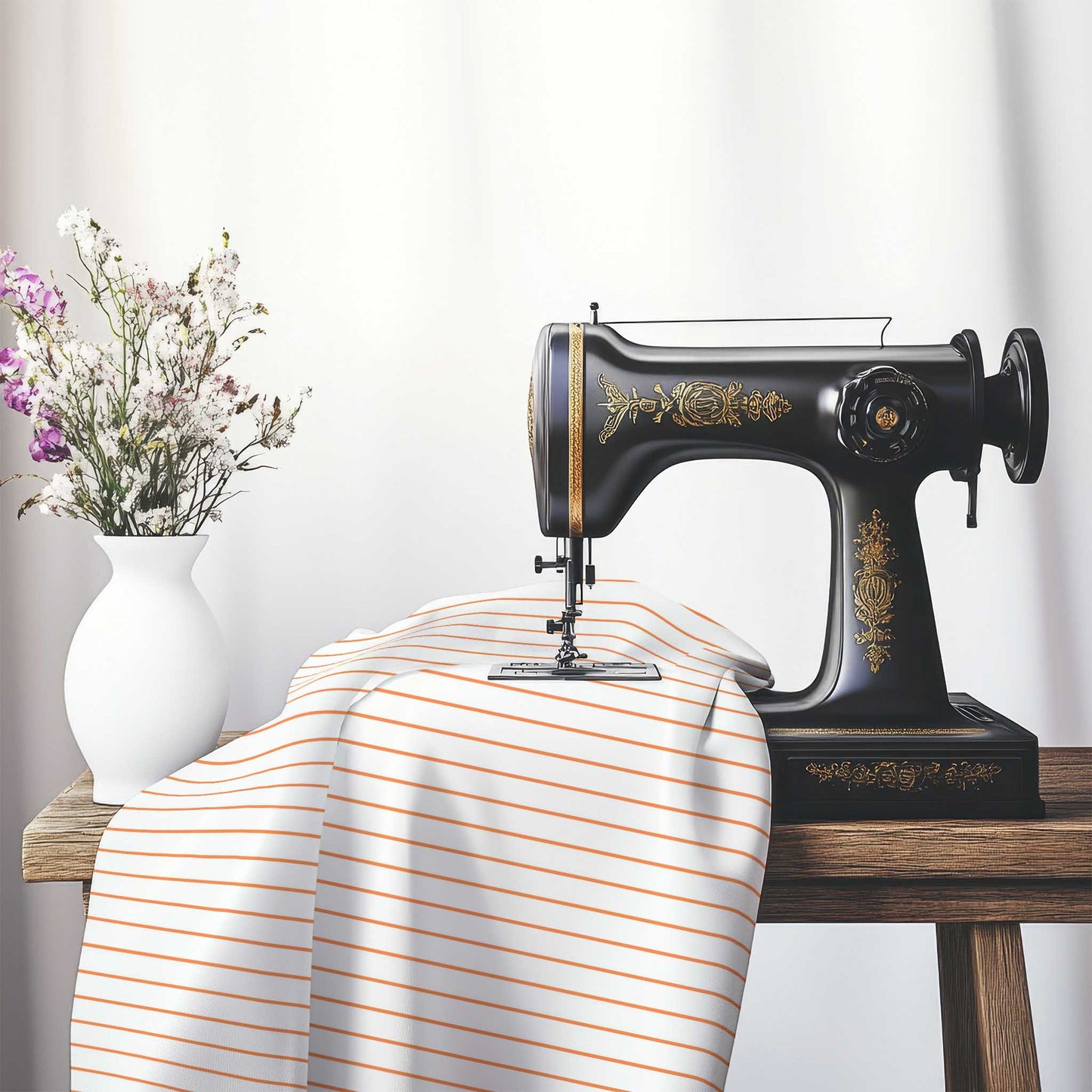 Off-White Cotton Canvas Fabric with Fine Orange Stripes, FACC-1380-151