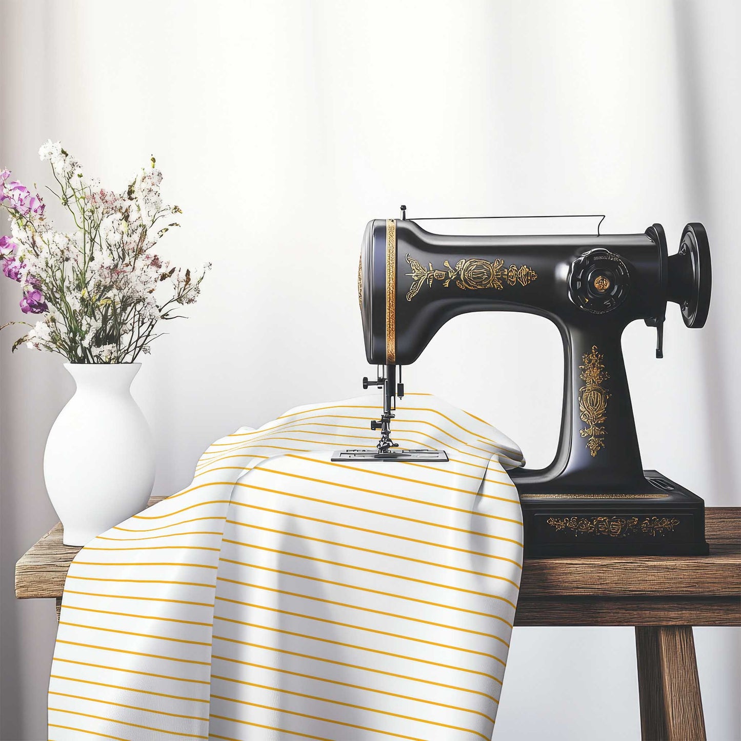 Off-White Cotton Canvas Fabric with Fine Yellow-Orange Stripes, FACC-1390-151